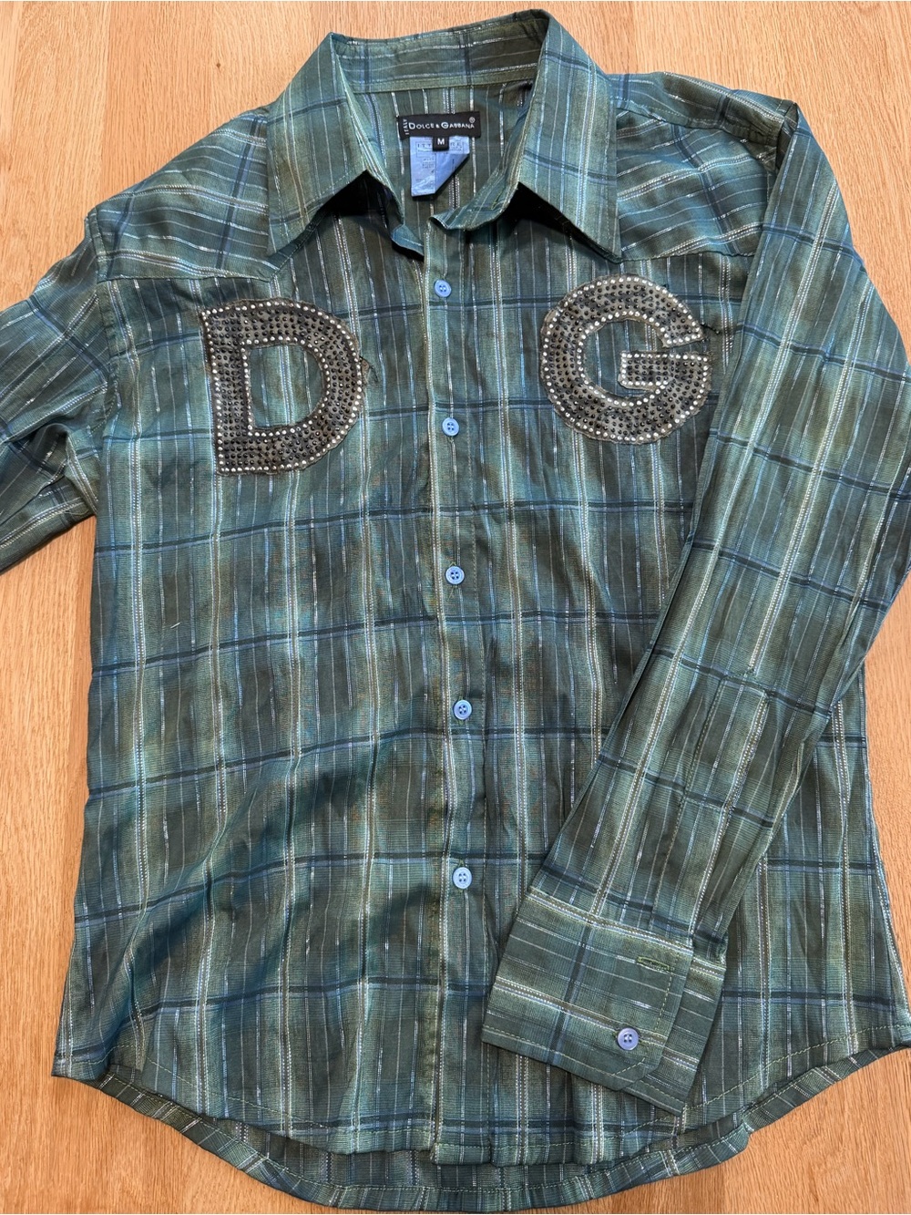 Dolce & Gabbana Green Plaid Button-Down Shirt with Studded DG Appliqués